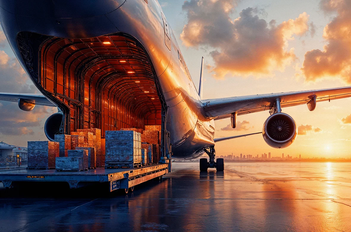 Air freight cargo plane at sunset with loading ramp ready for express shipments